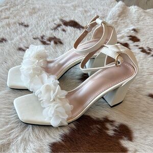 Ivory Floral Mesh Strap Block Heel Sandals - Women
